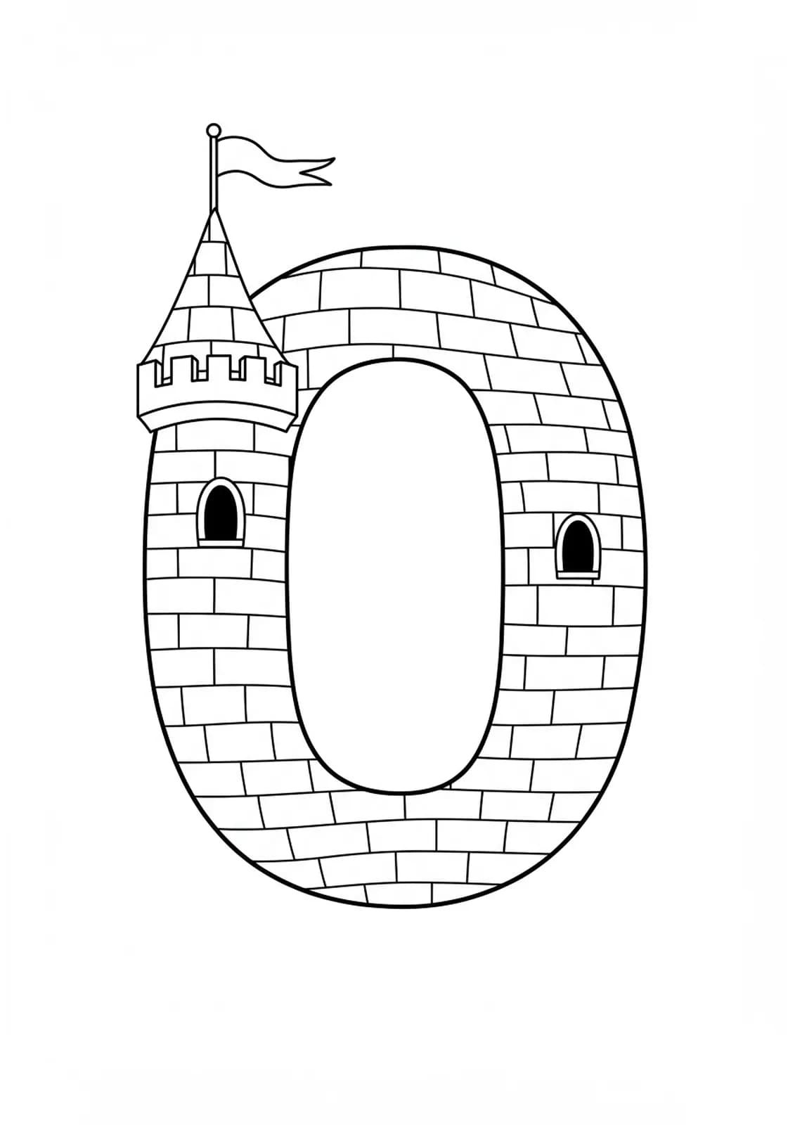 Easy coloring page of the letter O with a simple old castle turret and flags.