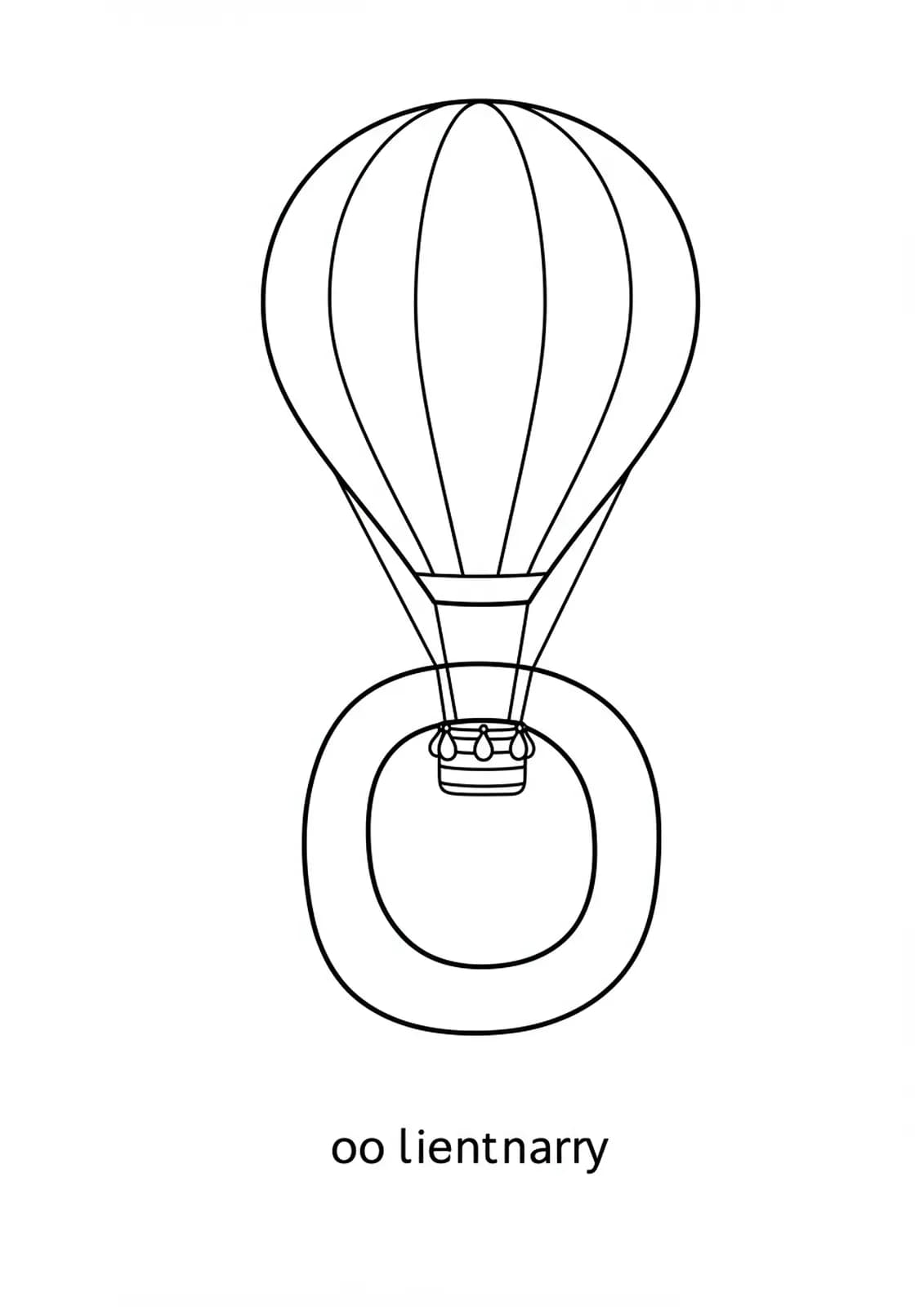 Coloring page of the letter O with a big cartoon hot air balloon floating above.