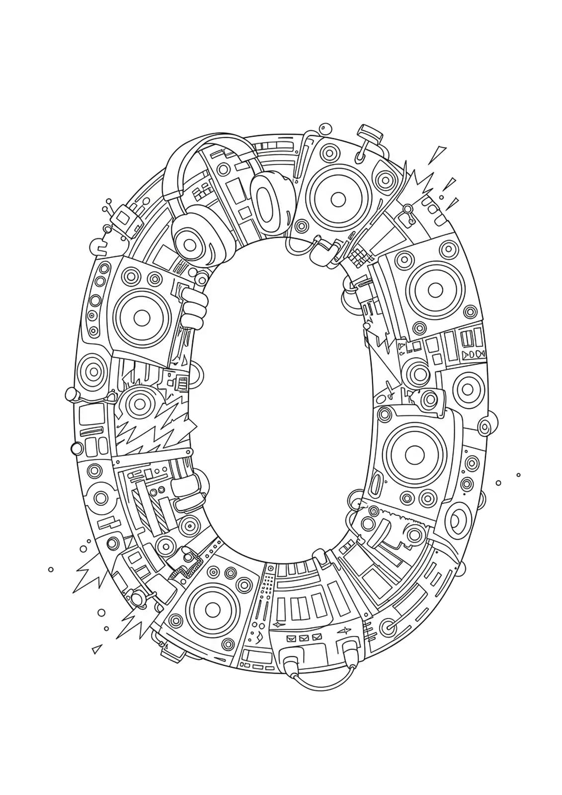 Letter O featuring medium complexity music festival motifs like headphones, speakers, and lights.