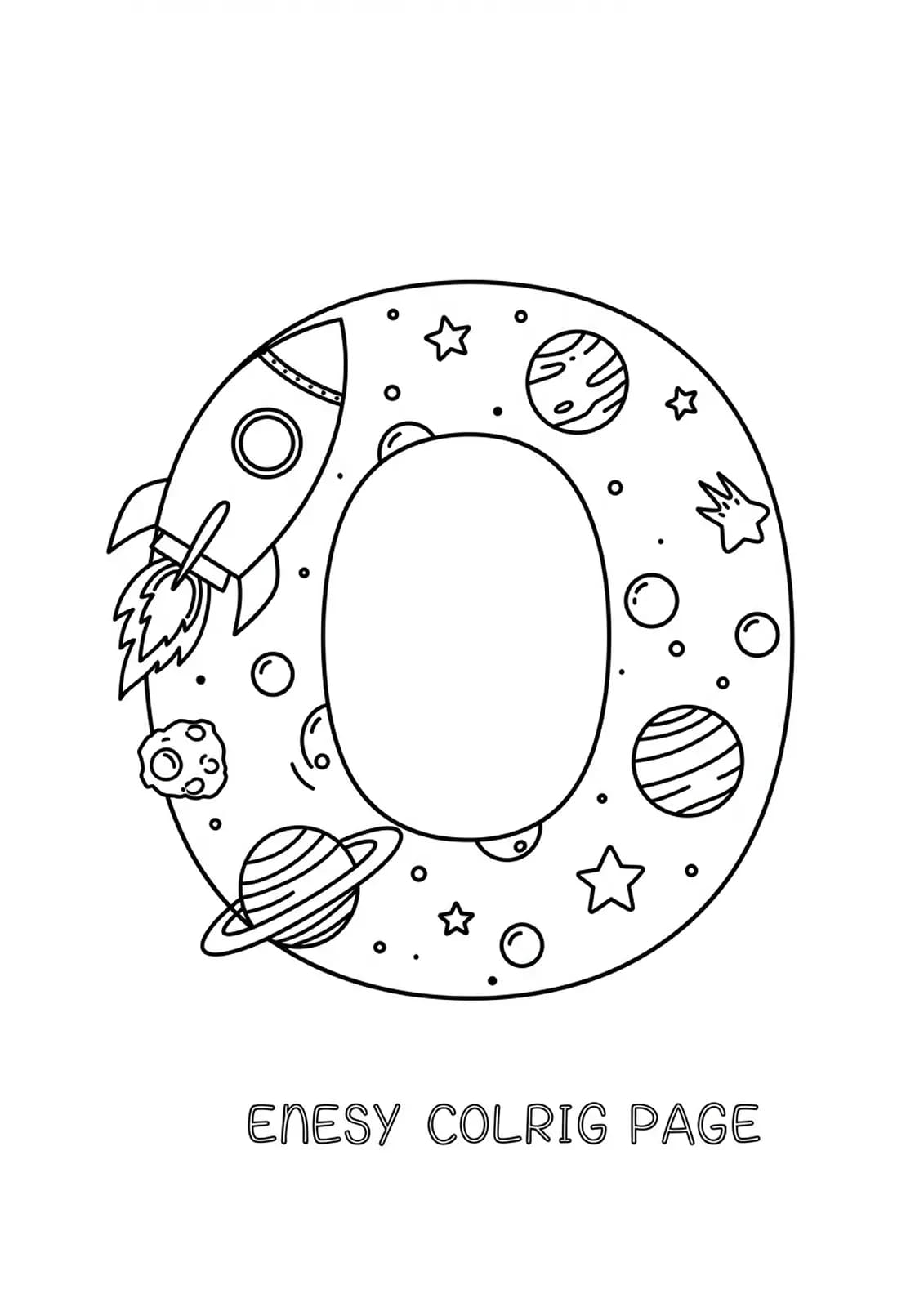 Easy coloring page of the letter O with a rocket, stars, and planets around it.
