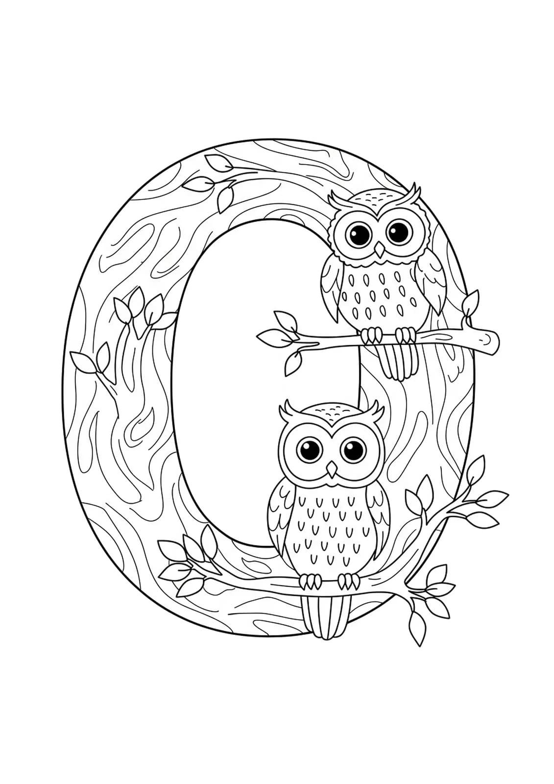 Coloring page showing the letter O with two owls sitting on a tree branch, big shapes and clear lines.
