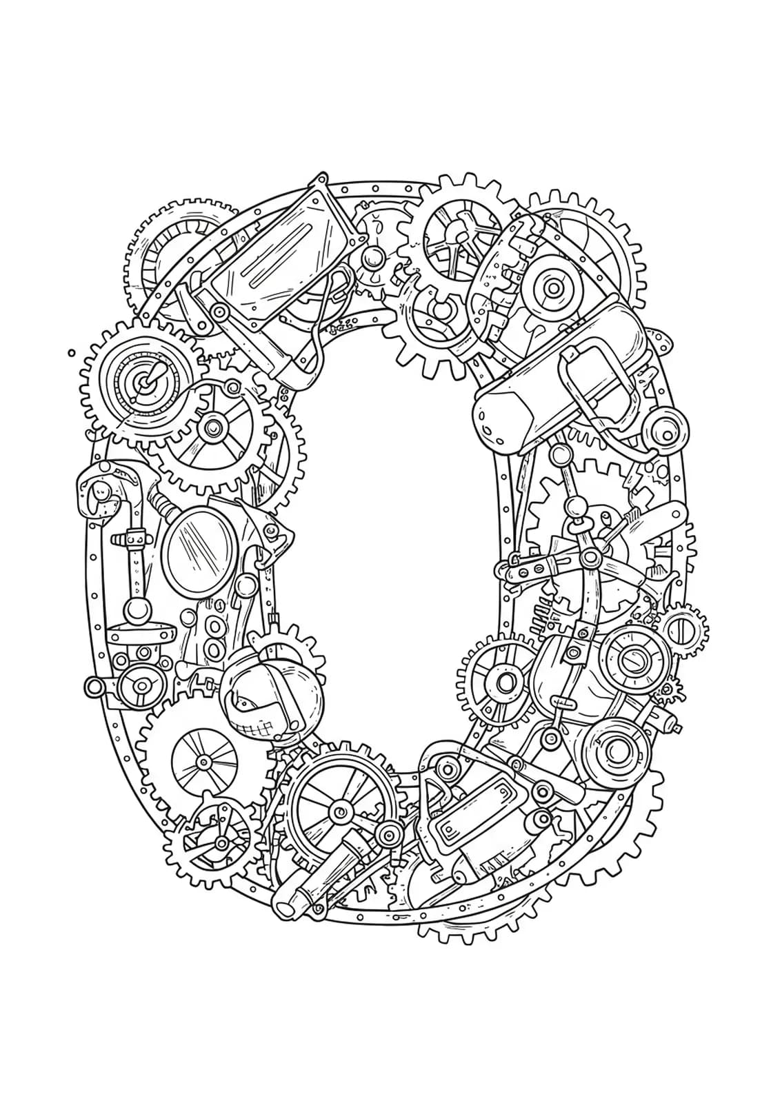 Letter O decorated with medium complexity steampunk gears, cogs, and gadgets.
