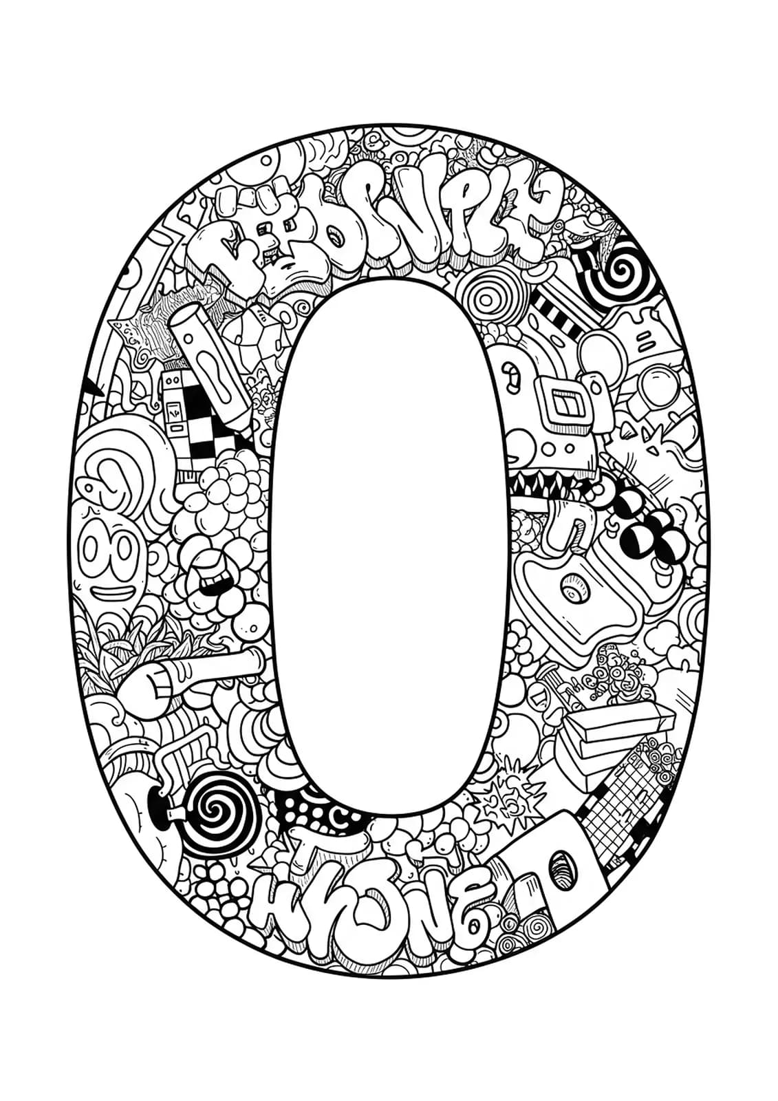 Letter O decorated with medium complexity urban graffiti elements and street art motifs.