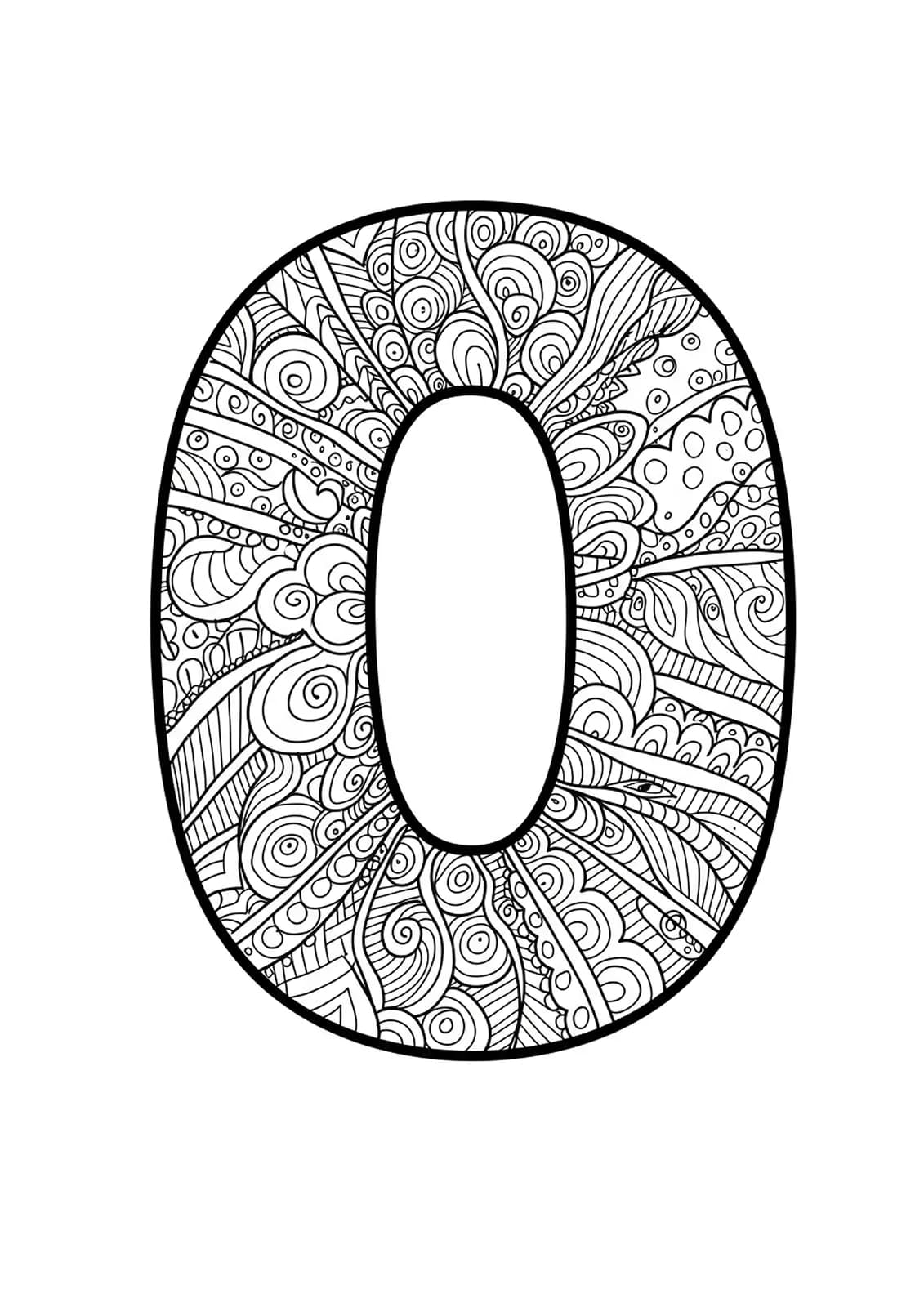 The letter O with intricate zen doodle patterns, abstract and symmetrical, medium detail for adult coloring.