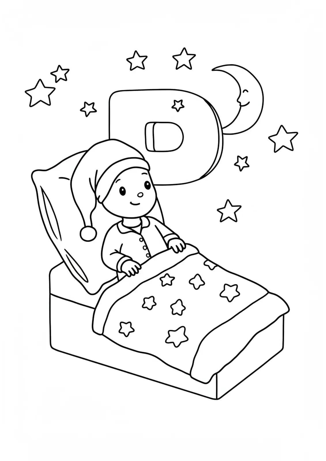 Line art of the letter P wearing pajamas, with a pillow, blanket, moon, and stars.
