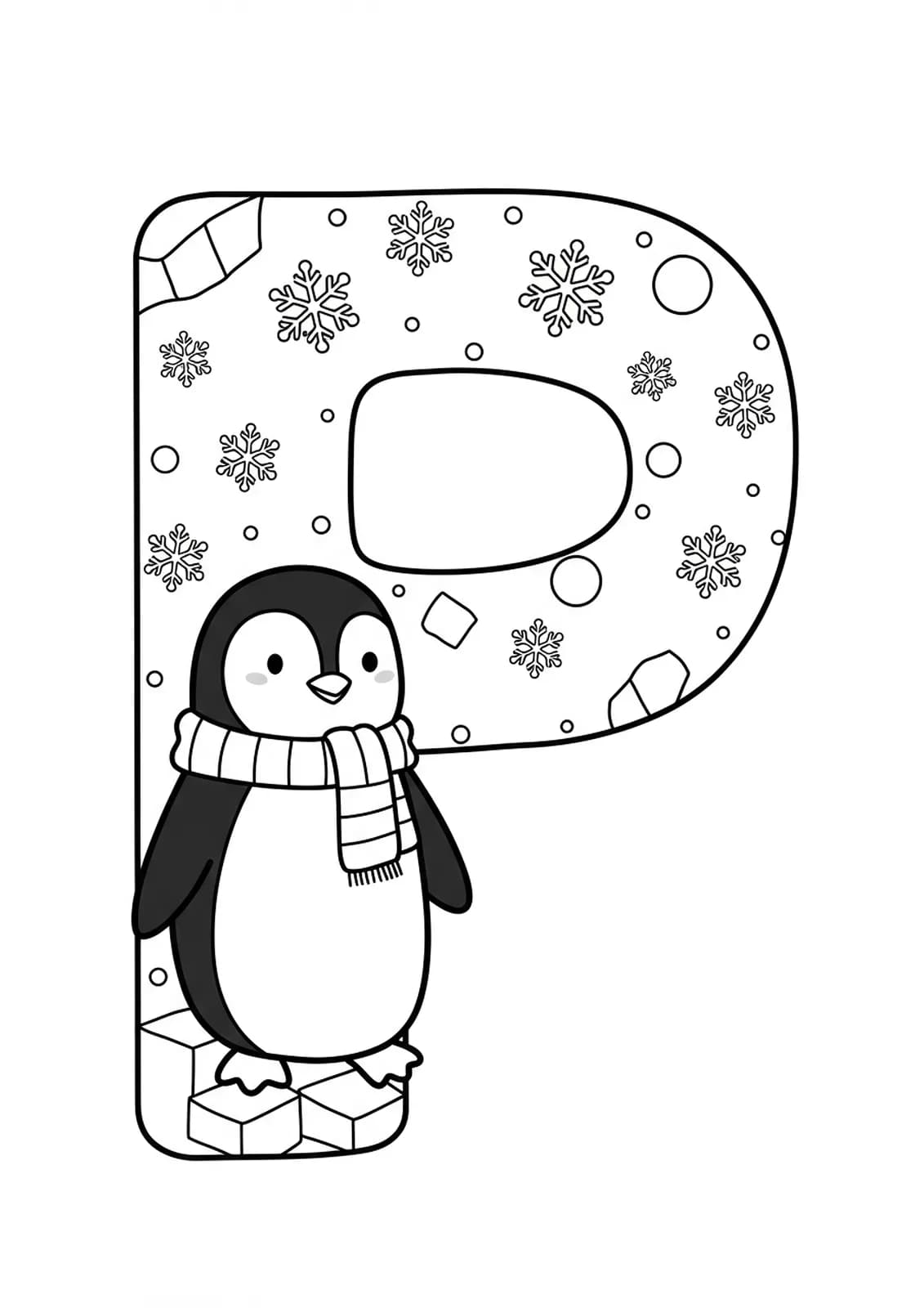Line art of a smiling letter P with a penguin, snowflakes, scarves, and ice blocks.
