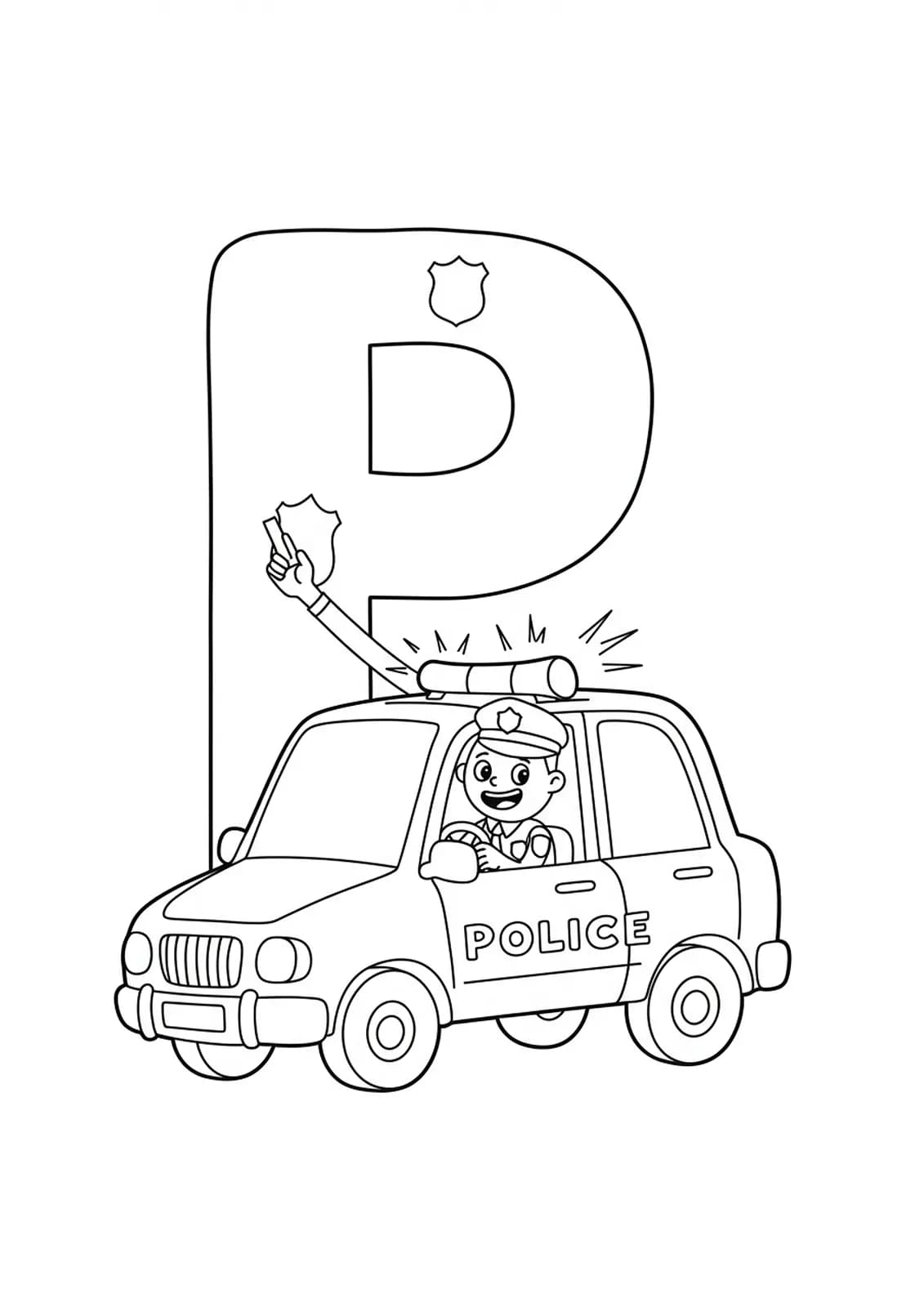 Line art of the letter P as a police officer, driving a police car with lights and a badge.