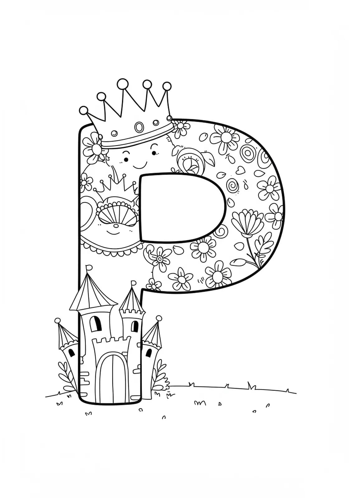Line art of the letter P as a princess with a crown, palace, and flowers.