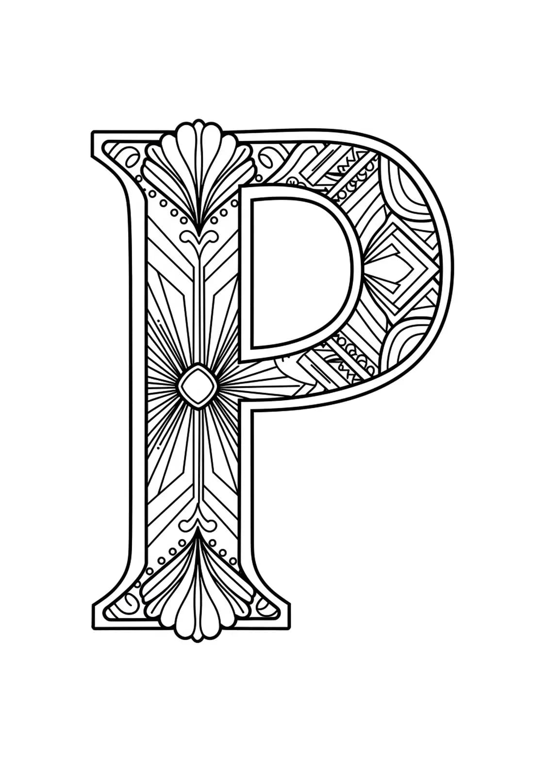 Large letter P with simple Art Deco geometric shapes and clean lines, designed for adult coloring.