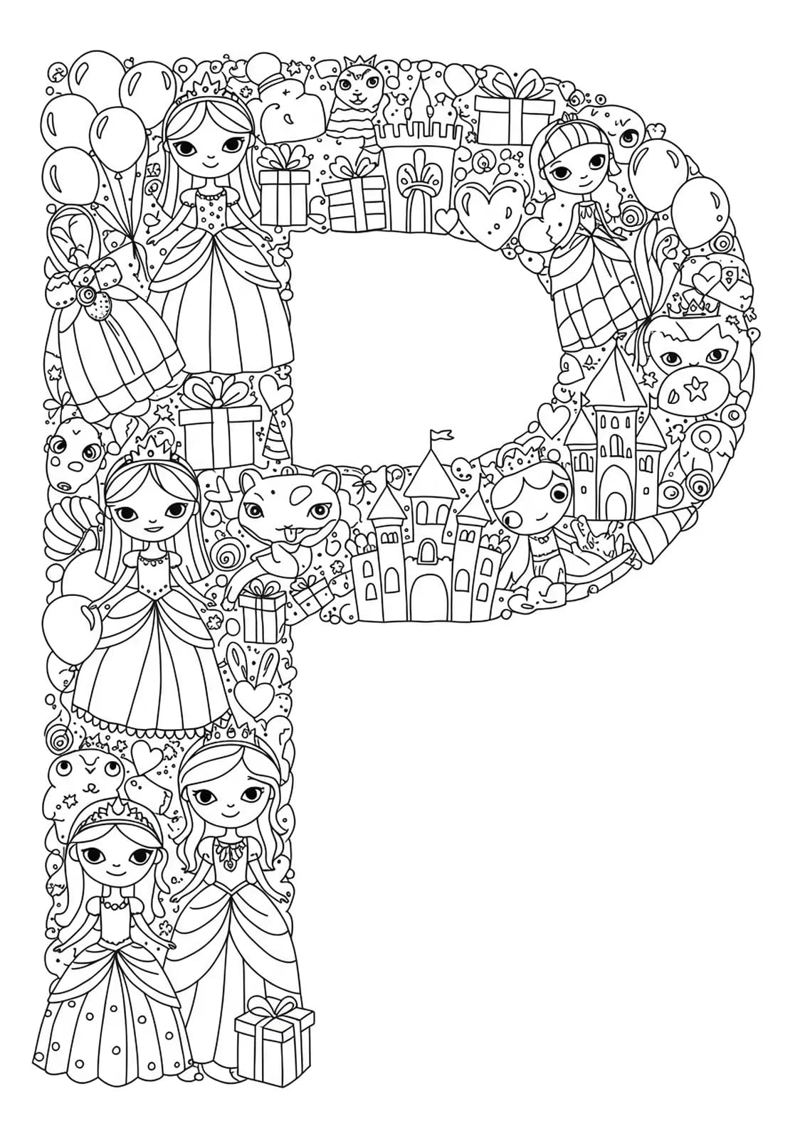 Intricate Letter P with princess, palace, gifts, and party decorations for preschoolers.