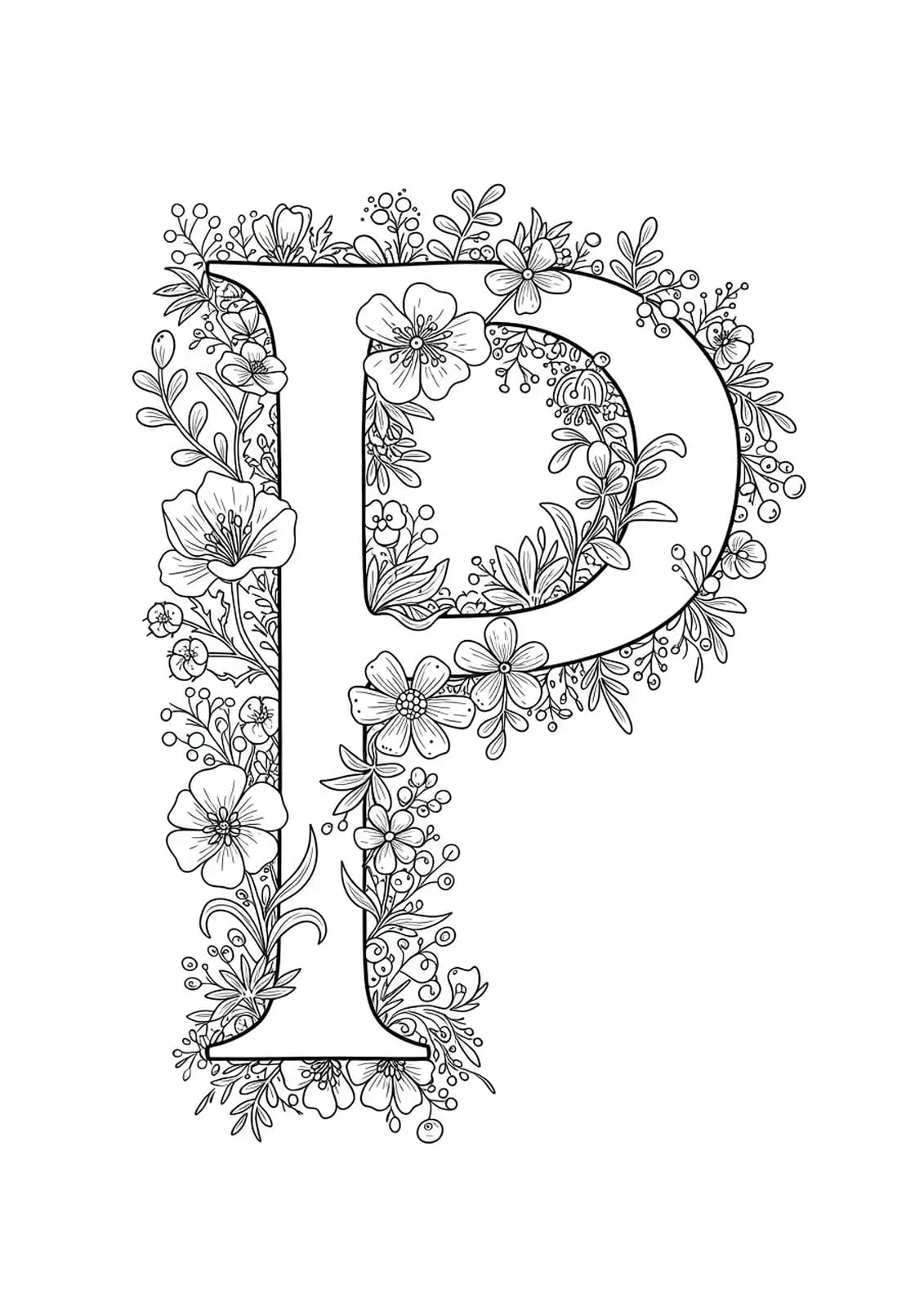 Letter P decorated with garden-inspired botanicals for adult coloring.