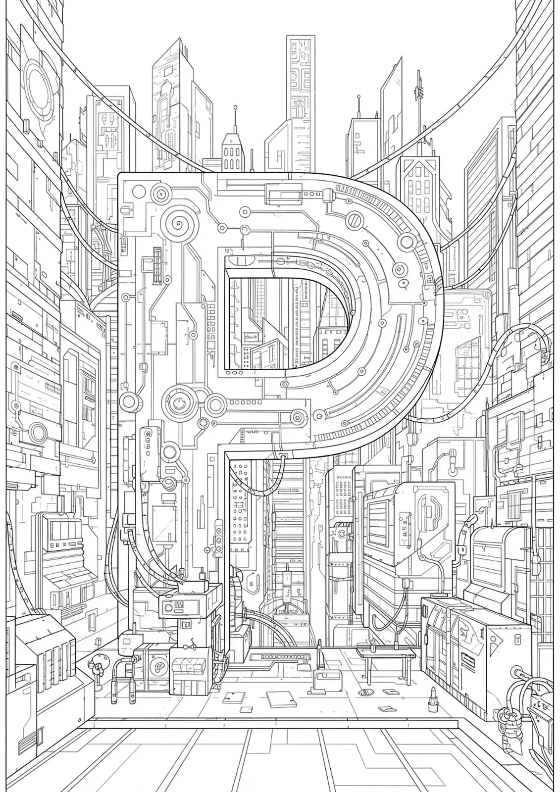 Futuristic cyberpunk cityscape with intricate buildings and digital patterns around letter P coloring page.