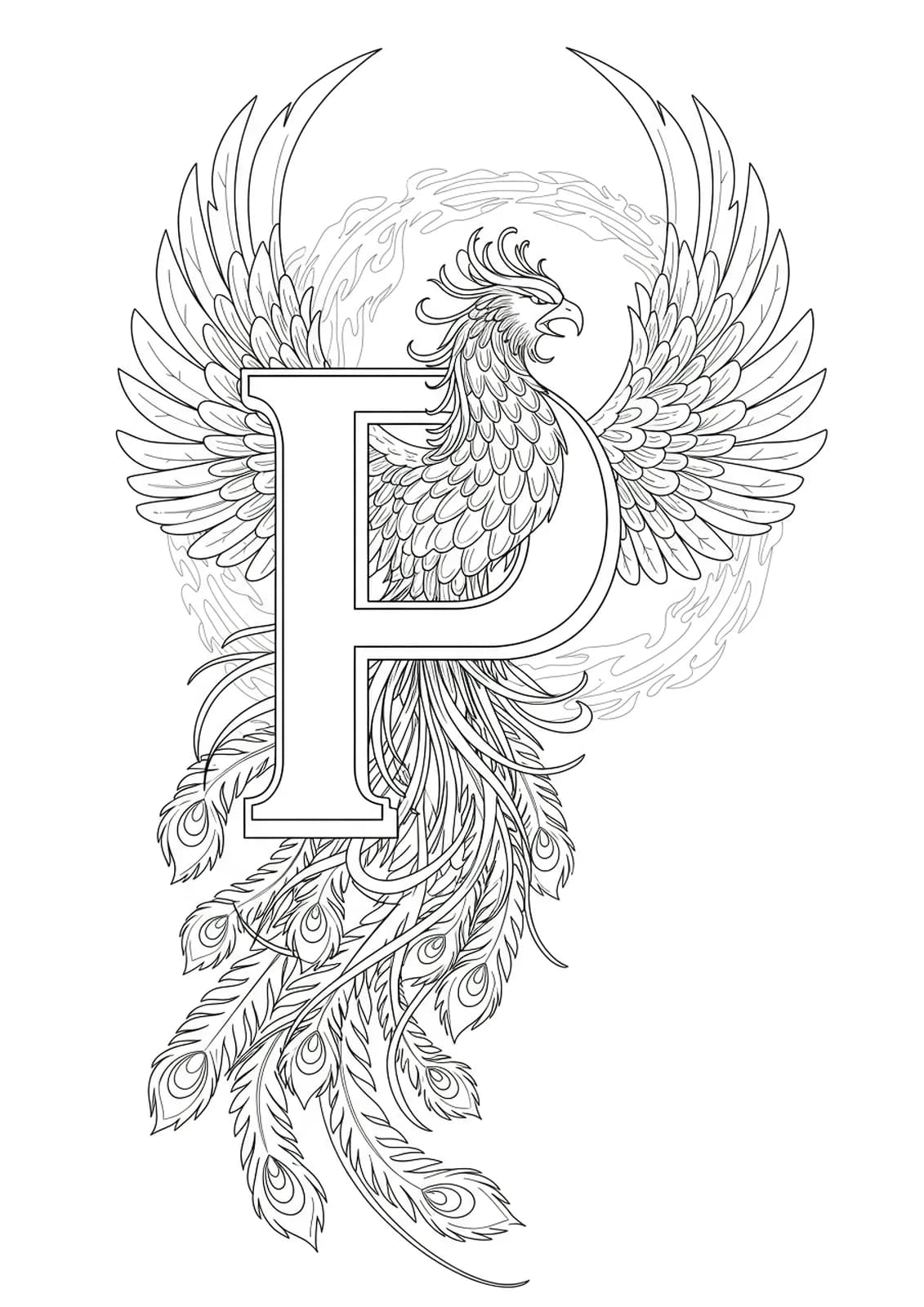 Detailed mythical phoenix entwined around the letter P with intricate feathers and flames for teens.