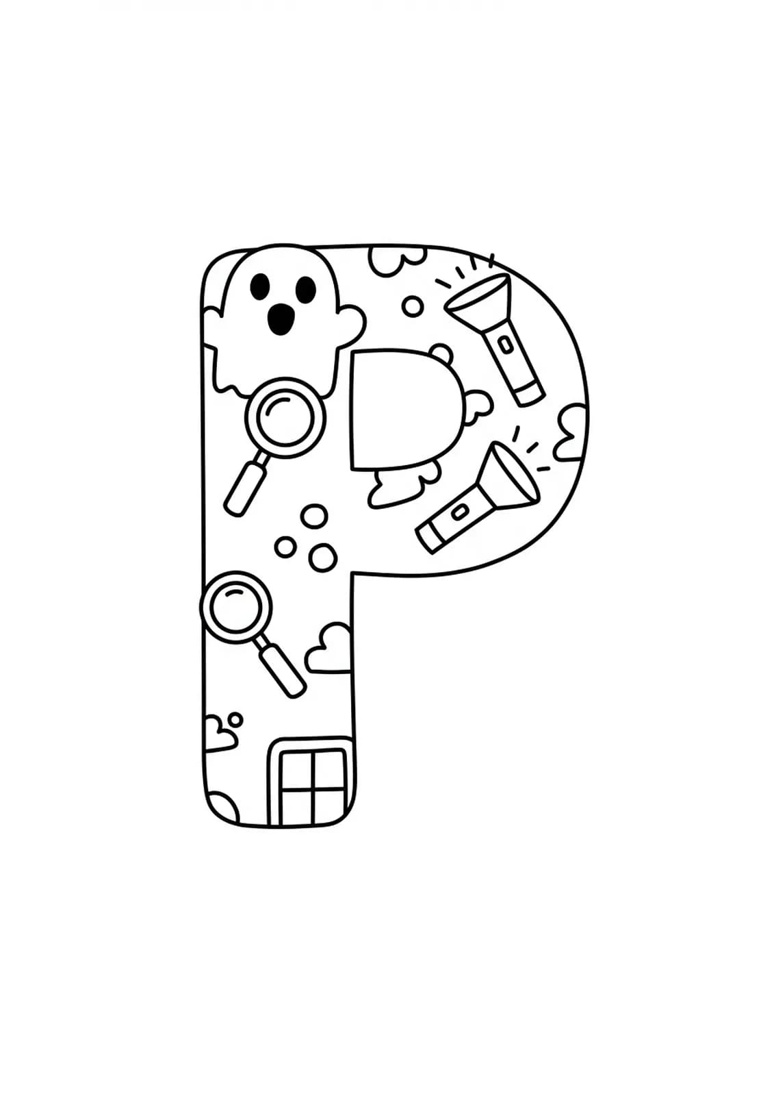 Letter P with ghost, magnifying glass, and flashlight icons for a paranormal mystery coloring page.