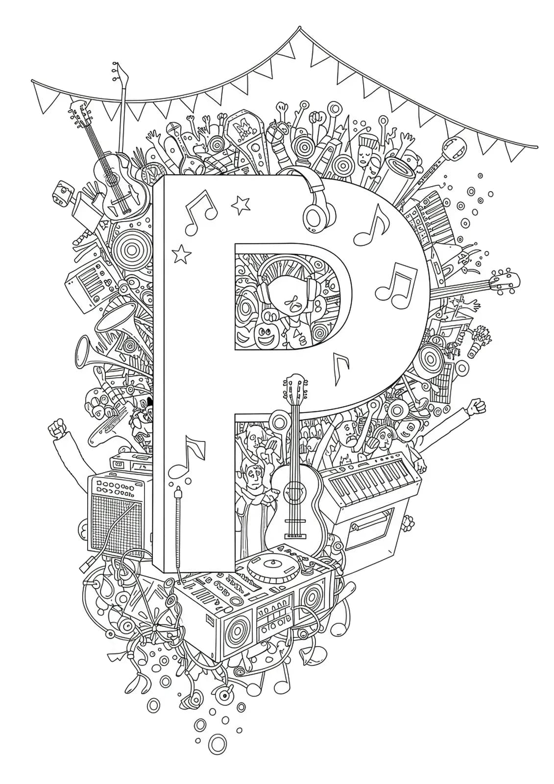 Intricate music festival scene with instruments, DJ gear, and crowd around letter P for teens.