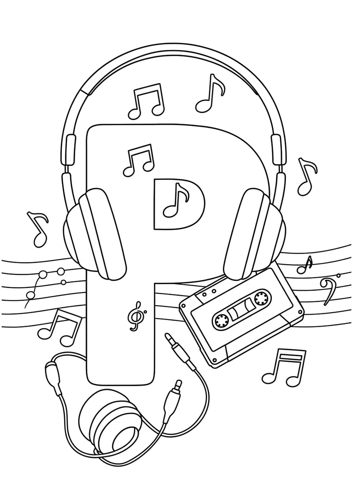 Large letter P with headphones, cassette tape, and music notes as a simple coloring page.