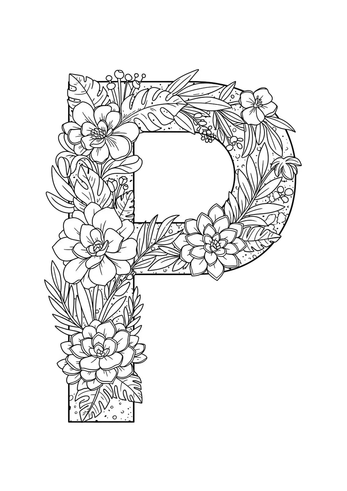Letter P surrounded by large leaves, flowers, and succulents in an easy plant-themed coloring page.