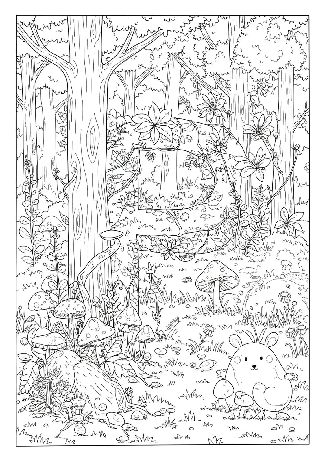 Letter P surrounded by enchanted forest elements for adult coloring.