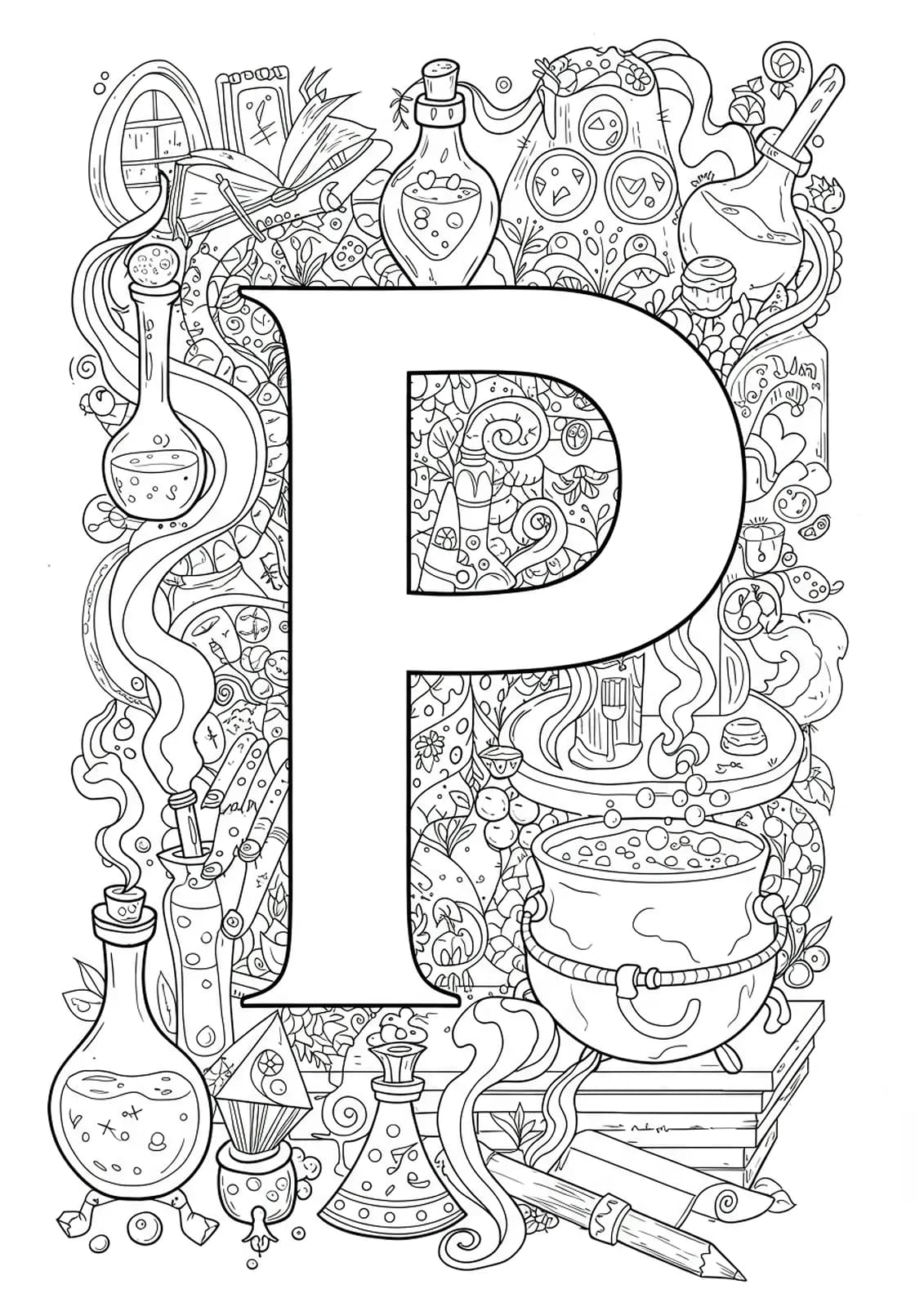 Magical potion lab letter P coloring page with cauldrons, bottles, smoke, and magical symbols.
