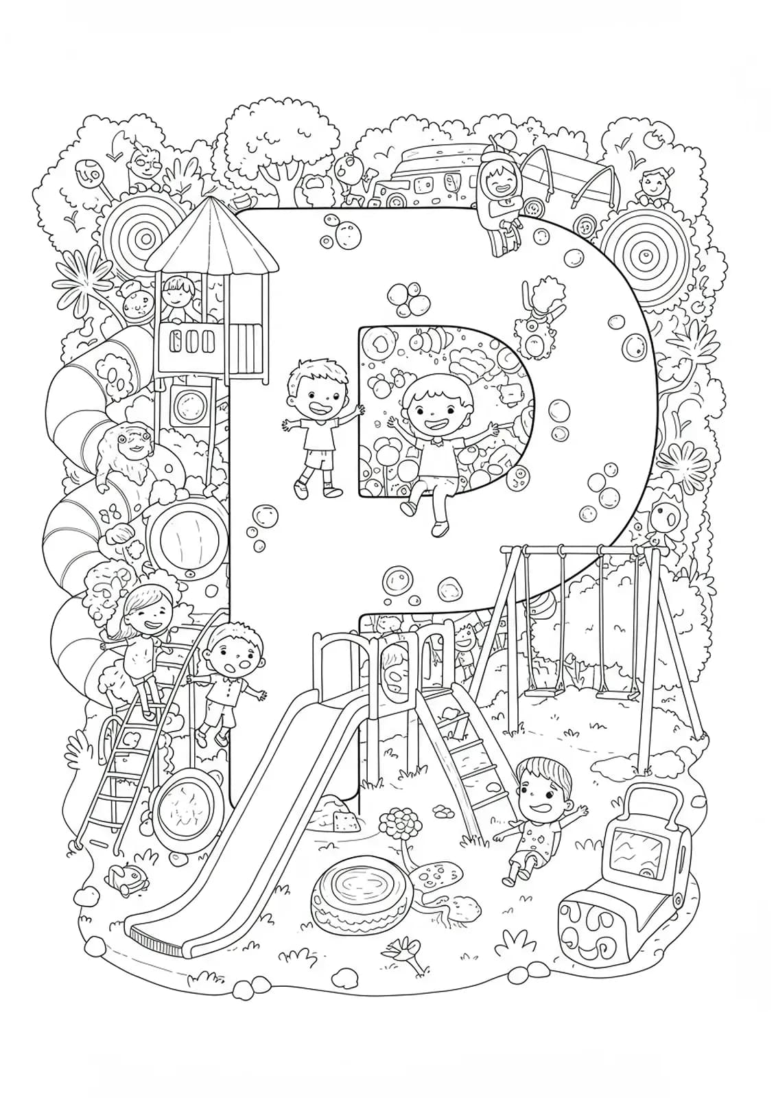 Printable playground-themed coloring page with letter P, slides, swings, and playing children, all with fine details.