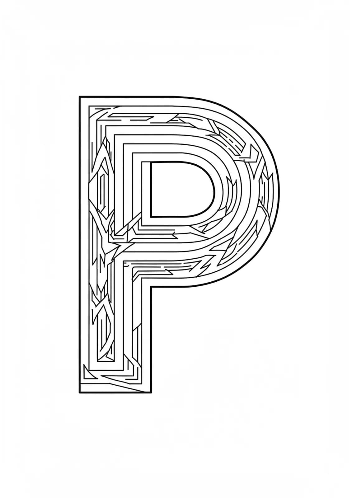 Letter P surrounded by optical illusion patterns, geometric shapes, and twisting lines