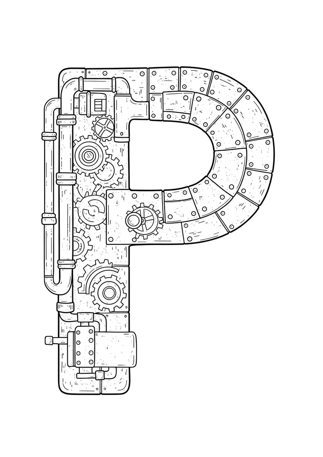 Letter P constructed from and surrounded by interlocking gears, cogs, and mechanical components in complex steampunk style
