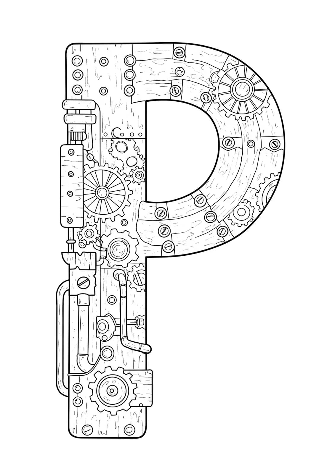 Steampunk-themed Letter P with gears and mechanical elements for coloring.