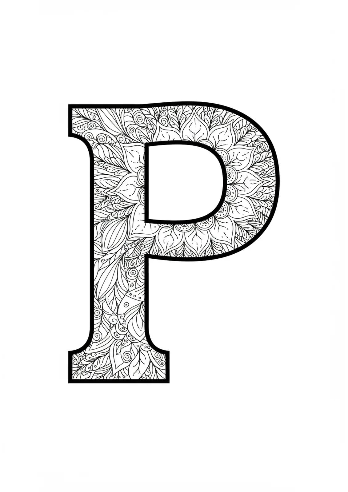 Simple letter P surrounded by large flower petal mandala shapes, easy outlines for adult coloring.