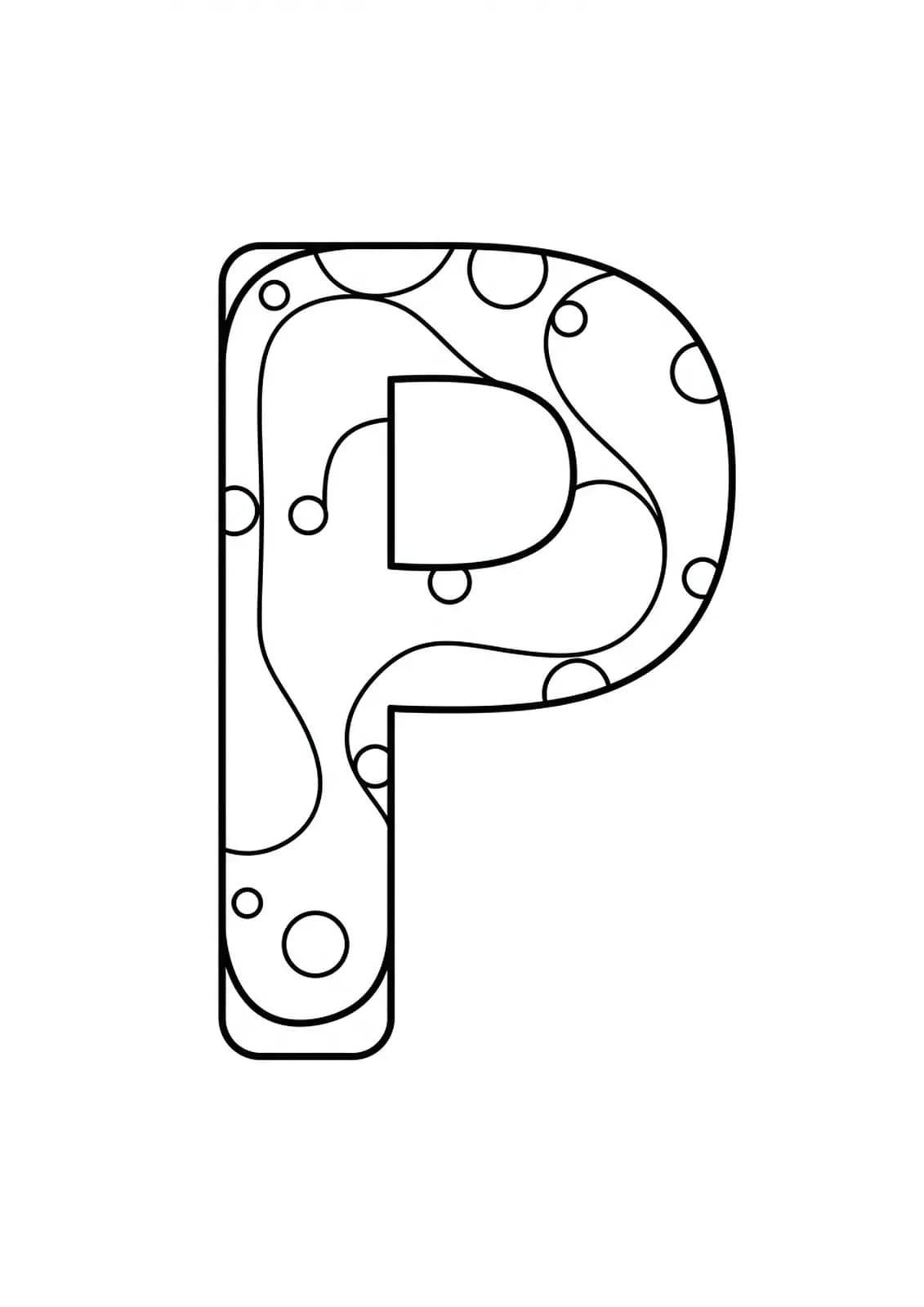 Letter P with large minimalist shapes and ample blank space, easy for adult coloring.