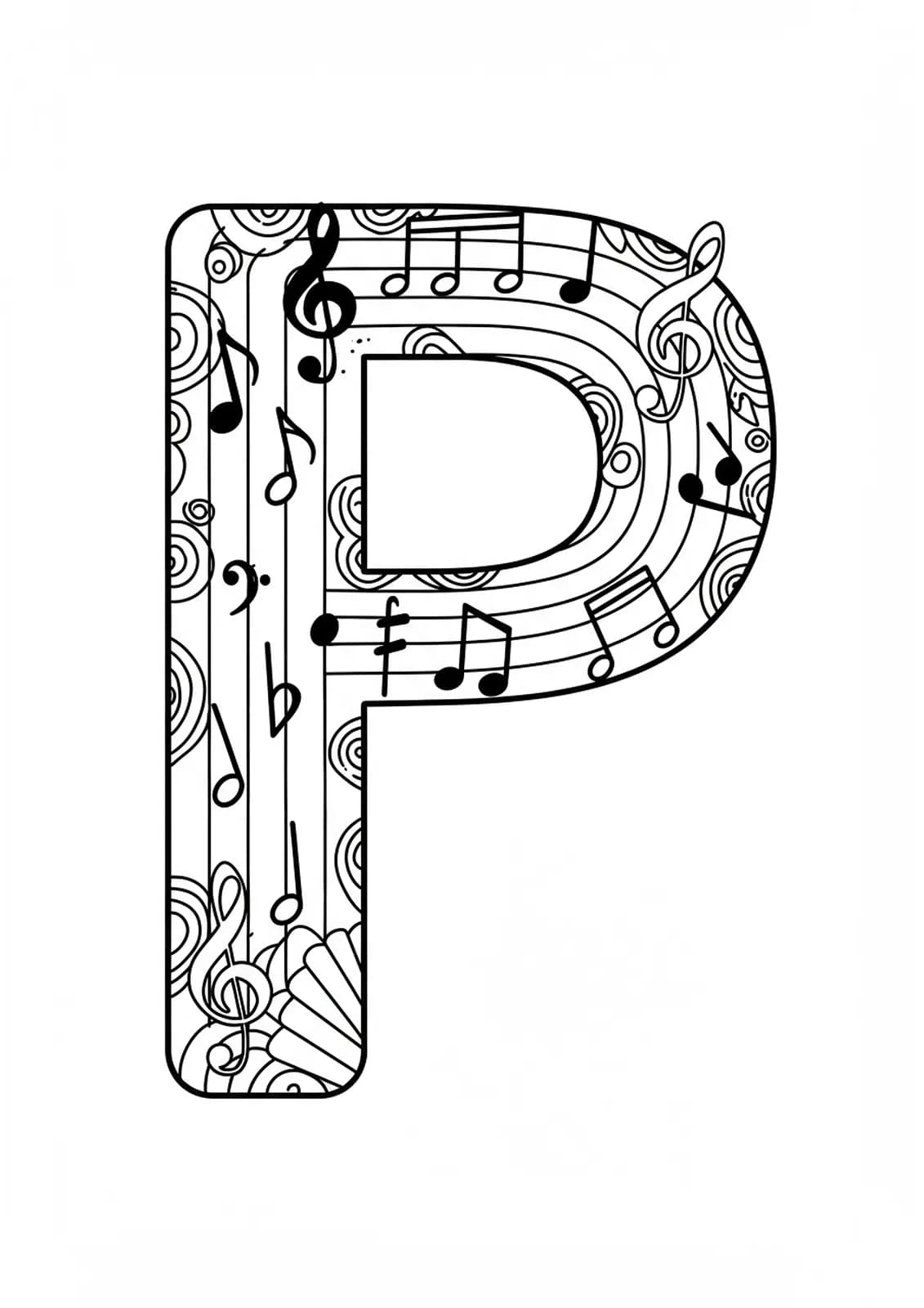 Letter P with simple outlines of music notes and clefs, large spaces for easy adult coloring.