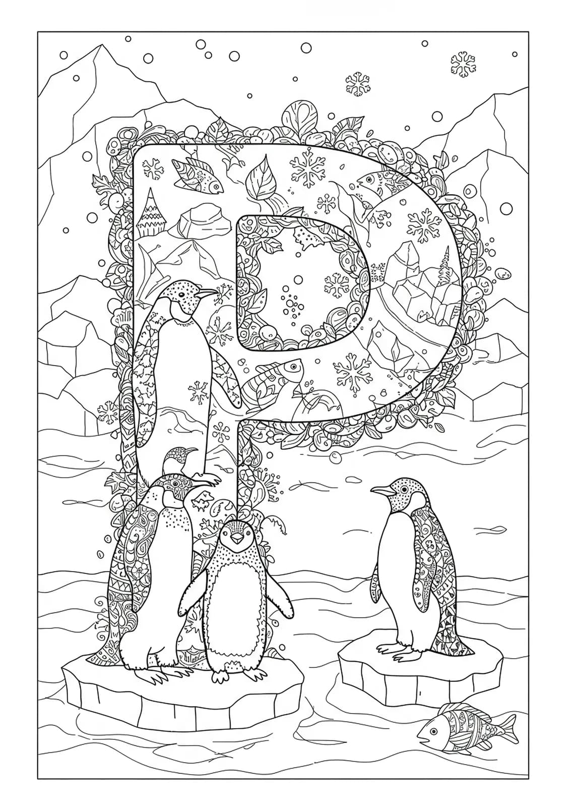 Hard letter P coloring page with penguins, icebergs, snowflakes, and arctic scenery.