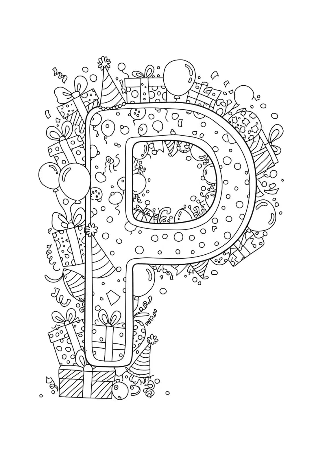Letter P with birthday presents, balloons, hats, bows, and confetti in detailed patterns.