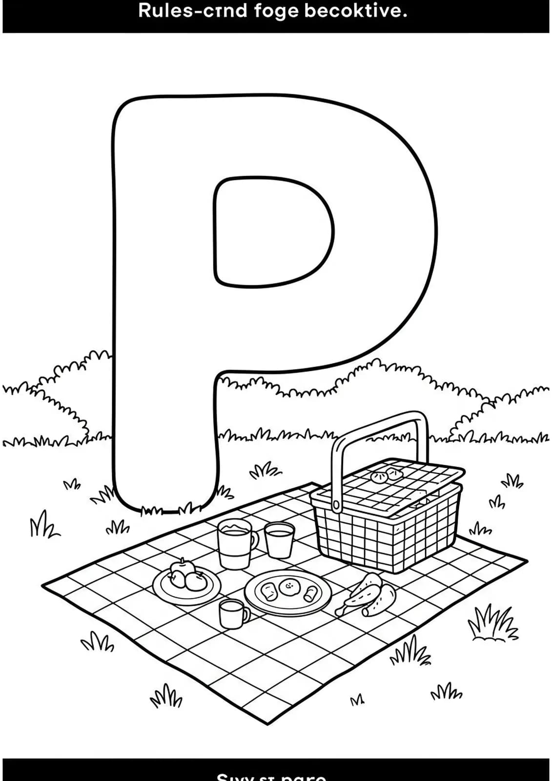 A big letter P next to a picnic blanket with a basket, sandwiches, and fruit, all in simple outlines.