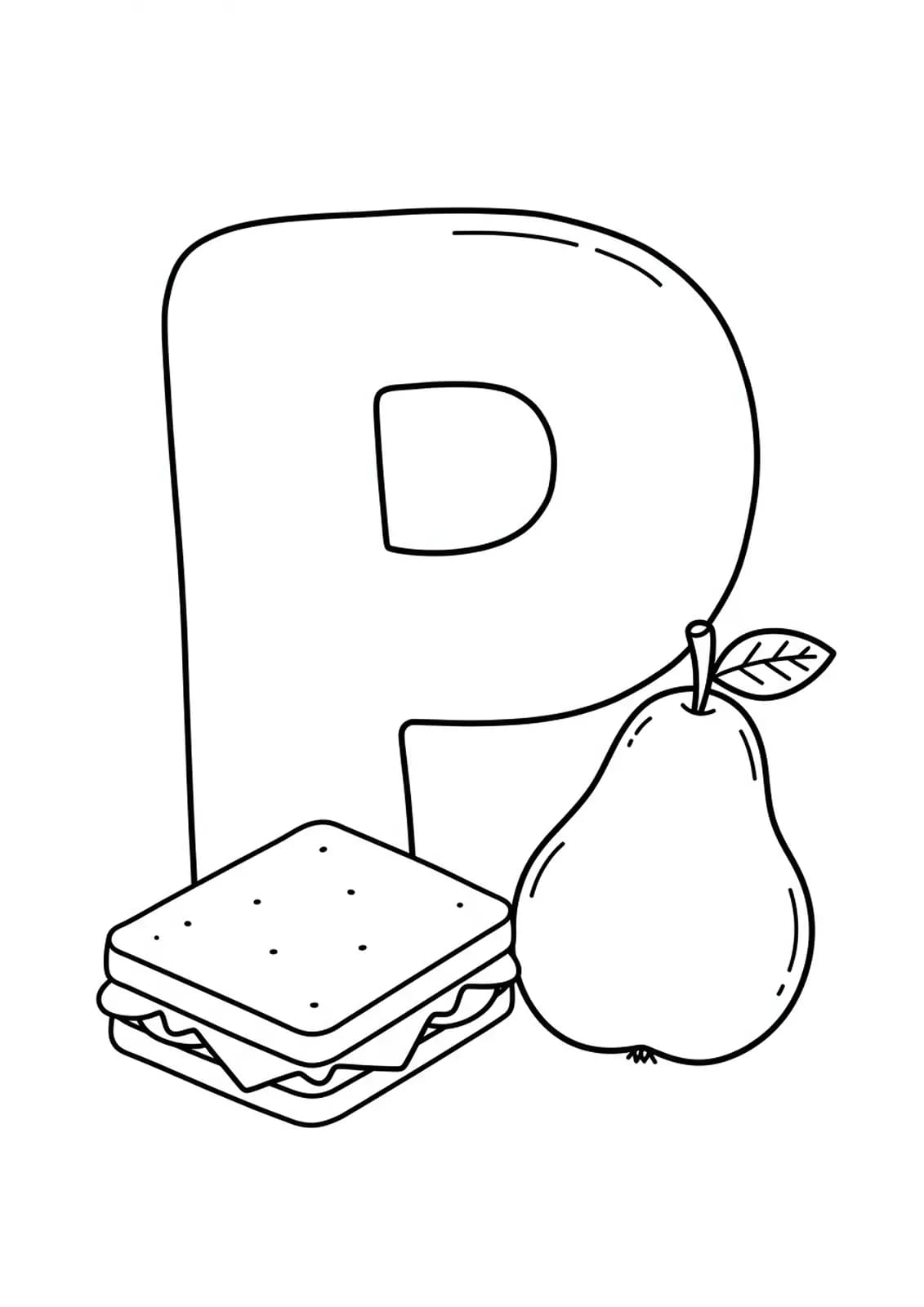 Large letter P with simple picnic foods like a sandwich and pear around it, thick outlines.