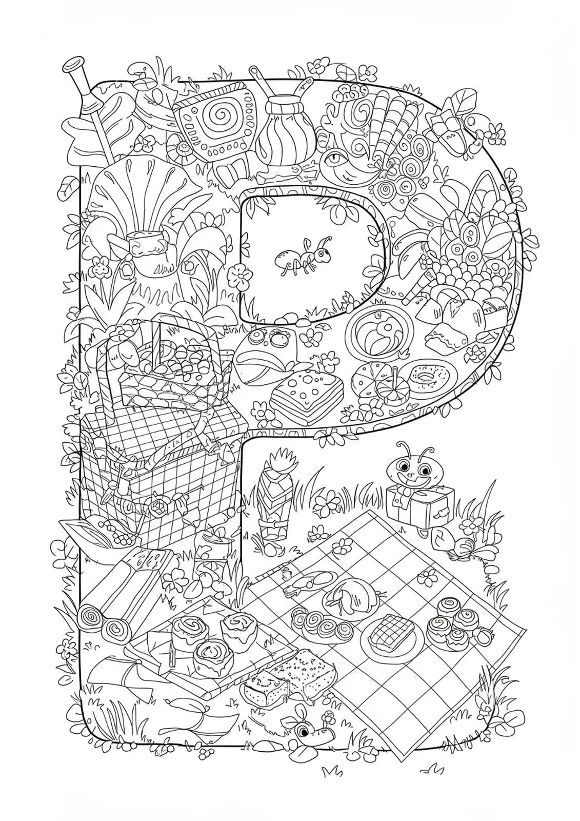 Letter P surrounded by picnic baskets, food, ants, and grass with complex details.