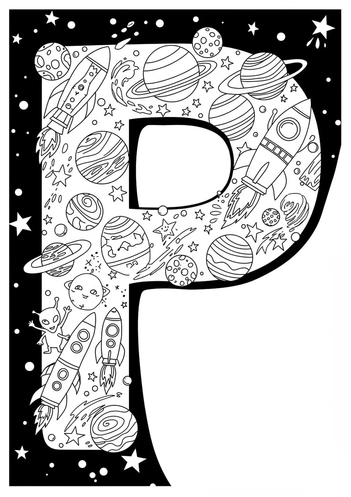Letter P surrounded by planets, stars, aliens, and rockets in detailed space patterns.