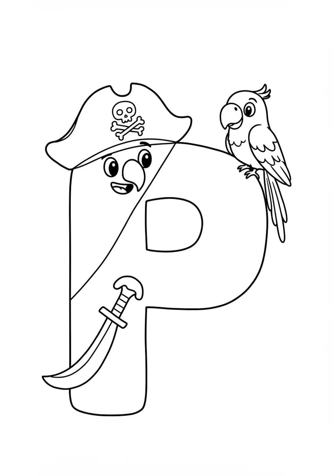 Large letter P with a pirate hat and a simple parrot on top, thick lines, playful design.