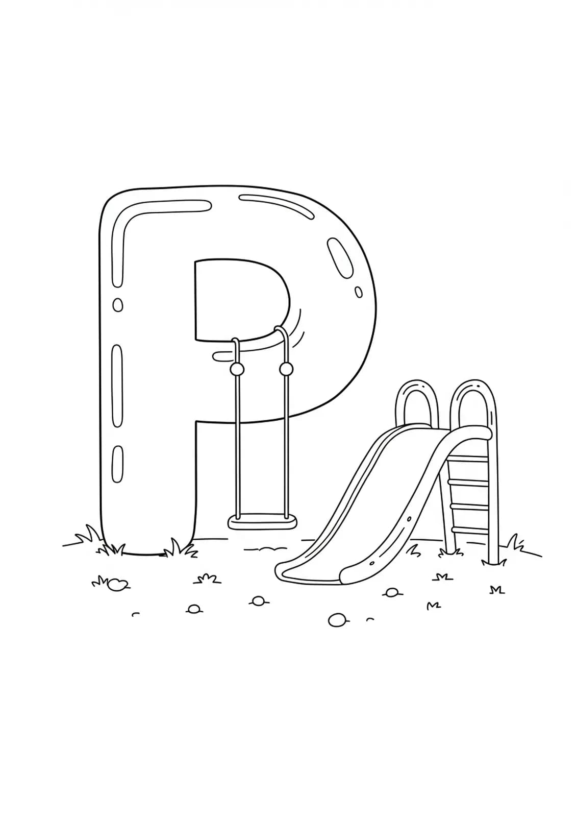 Big letter P with a swing and a slide, simple playground shapes, clear lines.