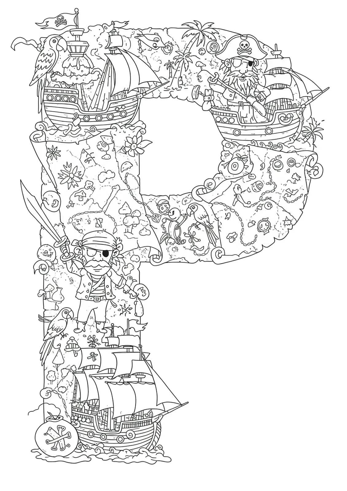 Letter P with pirate ships, treasure maps, parrots, and pirate friends in intricate patterns.