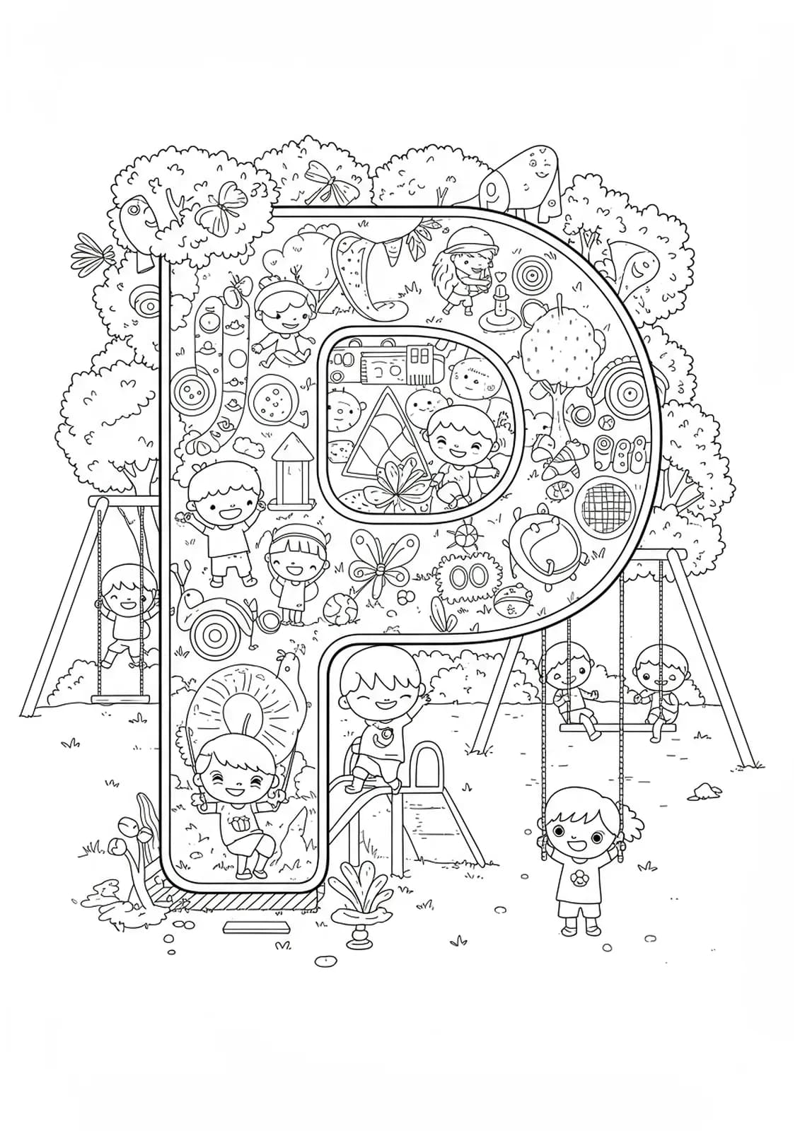 Letter P with playground equipment and children playing in intricate patterns.