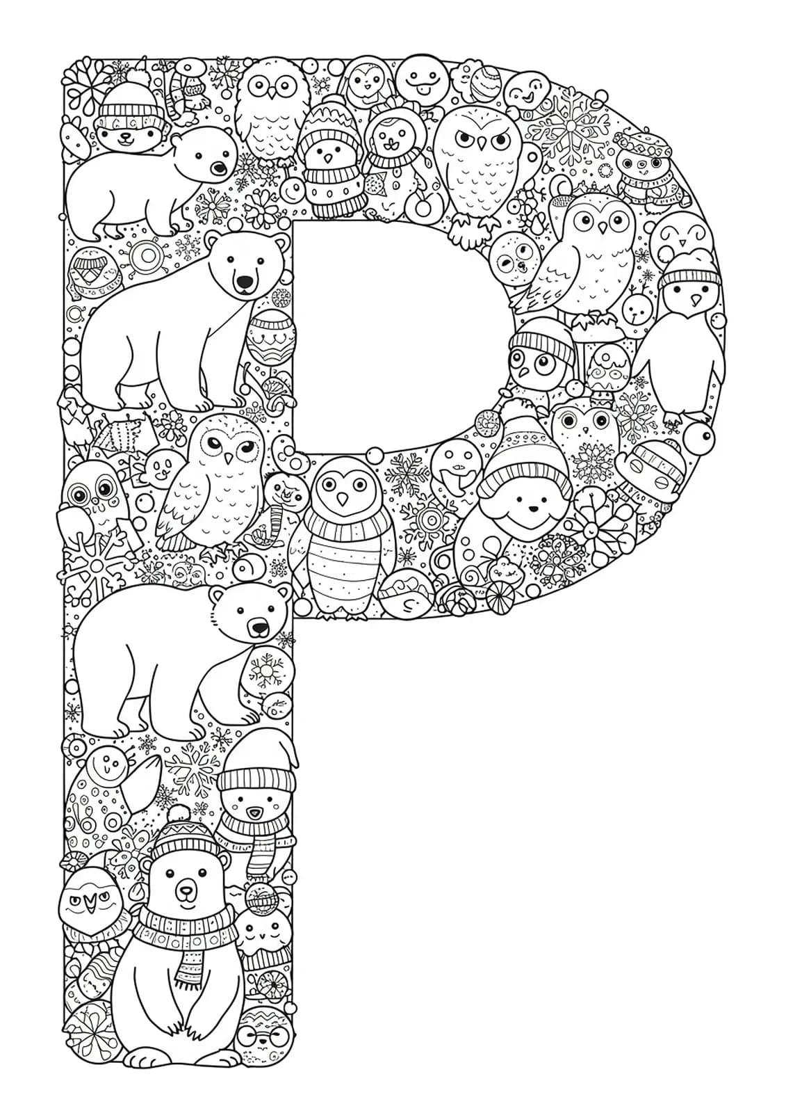 Letter P with polar bears, penguins, owls, and snowflakes in complex winter patterns.