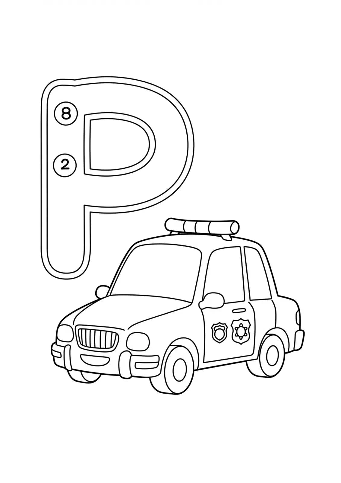 Large letter P with a cartoon police car beside it, simple shapes and lines.