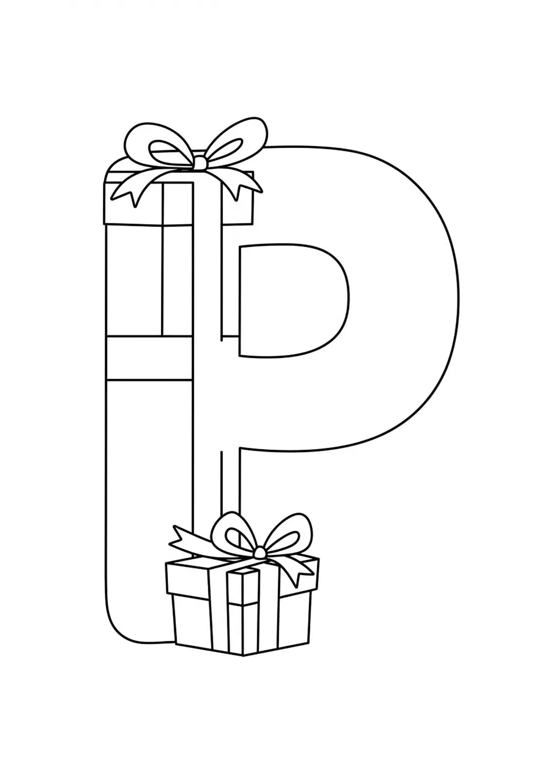 Large letter P with a couple of simple gift boxes and bows, festive and easy to color.