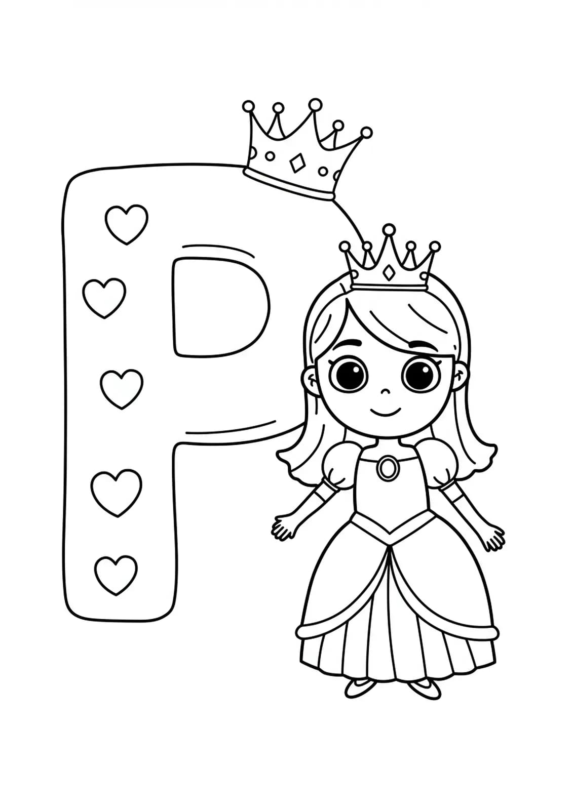 Large letter P with a crown and a friendly princess in a dress, easy outlines.