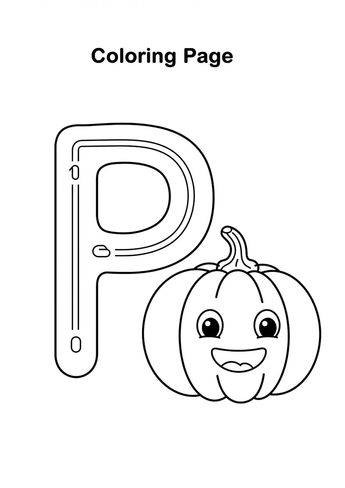 Big letter P with a smiling pumpkin next to it, simple shapes, thick lines.