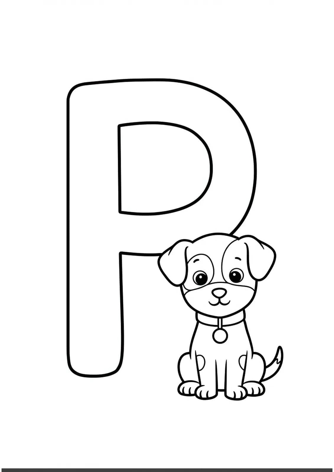 Large letter P with a friendly cartoon puppy sitting next to it, easy outlines.