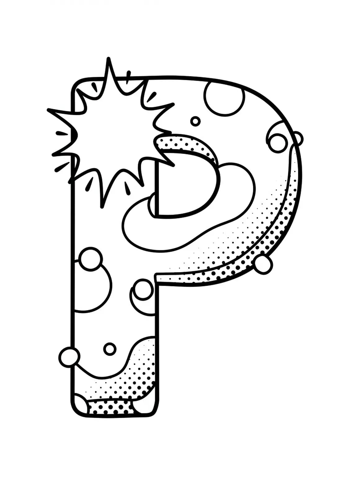 Letter P with large pop art bursts, big dots, and easy, playful shapes, designed for adult coloring.