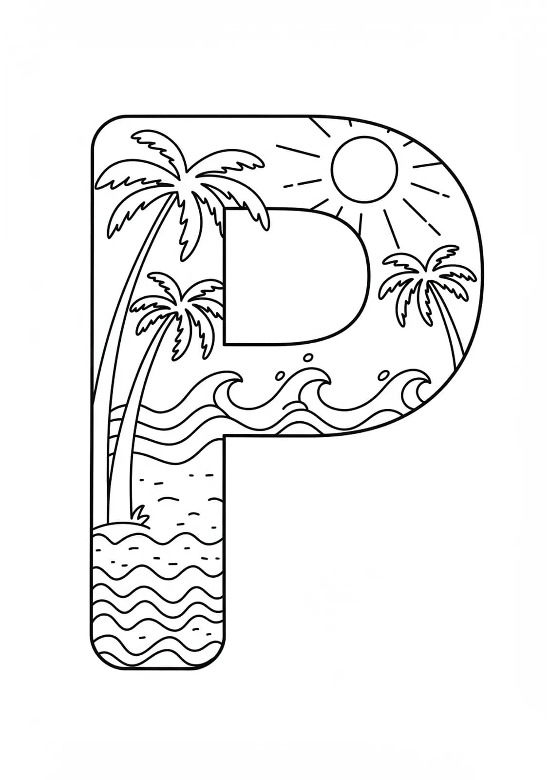 Letter P surrounded by simple outlines of palm trees, waves, and sun, easy for adults to color.