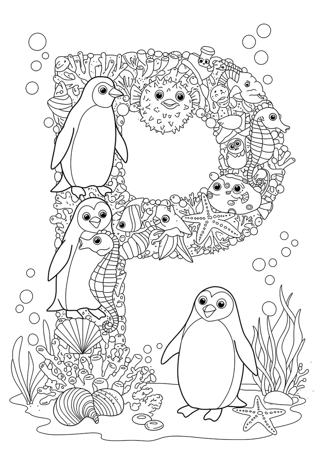 Letter P surrounded by detailed sea animals and ocean patterns for preschool coloring.