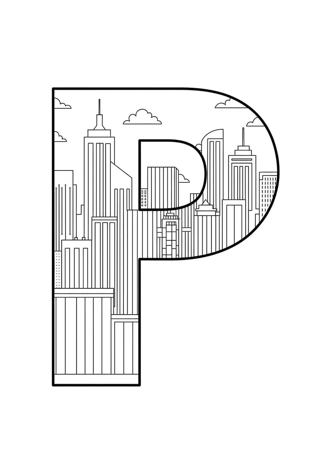 Letter P with simple skyscraper and city skyline outlines, suitable for easy adult coloring.